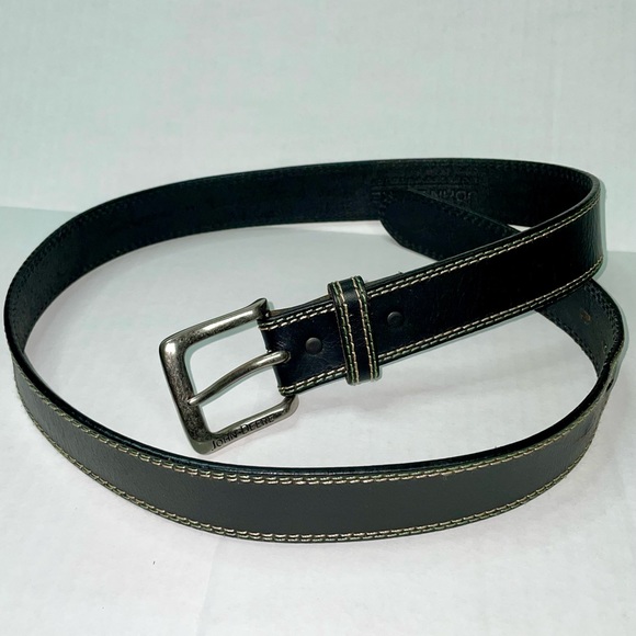 EUC John Deere black top grain leather belt, silver buckle, contrast stitching - Picture 2 of 4